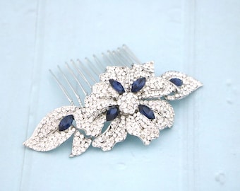 Blue Crystal Bridal Hair Comb, Sapphire Wedding Headpiece Accessory Silver Wedding hair clip Bridal hair accessories Wedding hair piece Side