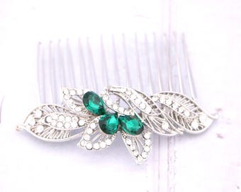 Emerald Crystal Rhinestone Hair Comb Gold veil comb Rose gold Wedding hair clip Navy blue hair comb Bridal hair comb Green Wedding comb side