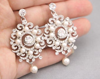 Silver Rhinestone pearl Bridal earrings: Bridal Wedding jewelry earrings Pearl drop Wedding earrings Bridal jewelry earrings Crystal earring