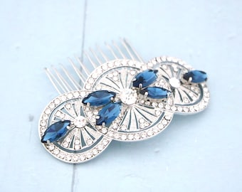 Crystal Bridal Hair Comb, Silver Rhinestone Wedding Headpiece Emerald Sapphire Blue Wedding hair clip Bridal hair accessories Navy blue comb