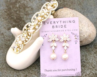 Pearl Bridal Hair Comb & Earrings Set Rhinestone Wedding Jewelry Gold Bridal hair clip Wedding earrings pearl drop earrings Wedding haircomb