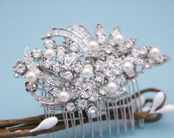 Wedding Crystal Hair Piece Gold Floral Hair Comb Pearl Crystal Bridal hair comb Silver Wedding hair accessories for bun Wedding hair comb