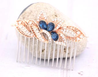 Rose gold Wedding hair comb Crystal hair piece Wedding hair accessories Navy blue hair comb Blue hair piece Wedding comb Bridal hair jewelry