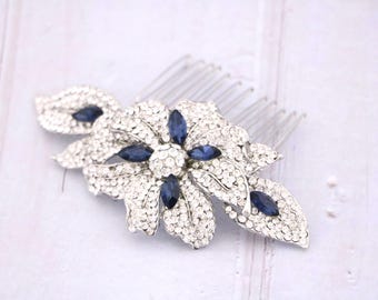 Silver Wedding hair comb Navy blue Bridal comb Side Wedding headpiece Bridal hair accessories for bun Blue hair jewelry Wedding hair clip