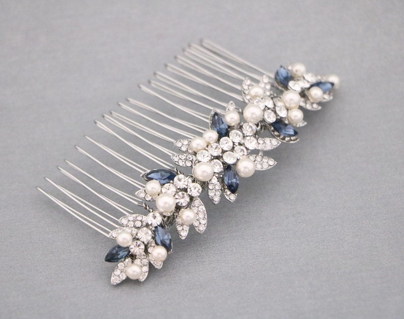 Navy blue Wedding hair comb Side Wedding headpiece Blue hair jewelry Bridal hair comb Wedding hair accessories Pearl side comb Bridal comb image 6