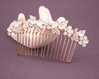 bridal side headpiece wedding hair comb gold leaf Gold Sparkle Crystal Hair Comb White opal Bridal hair comb Side Wedding comb Rose gold