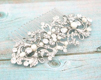 Crystal Pearl Bridal Hair Comb – Silver Tone Wedding Accessory Rhinestone hair piece Wedding hair clip Bridal hair jewelry Wedding comb Side