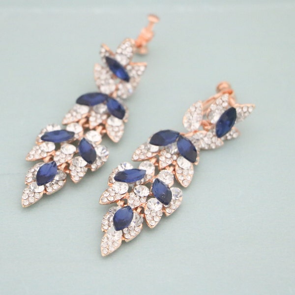 Clip on Style Wedding earrings Navy blue Crystal earrings Rhinestone Bridal earrings Wedding jewelry earrings Sapphire chandelier earrings