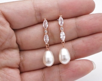 bridal earrings dainty drop Rose Gold Bridal Pearl Earrings Pearl Drop Diamond Gold Earrings Gold Wedding earrings CZ Earrings jewelry Pearl