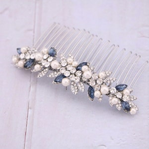 Navy blue Wedding hair comb Side Wedding headpiece Blue hair jewelry Bridal hair comb Wedding hair accessories Pearl side comb Bridal comb image 4