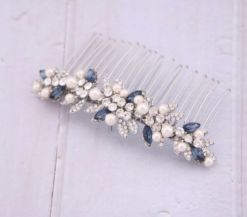Navy blue Wedding hair comb Side Wedding headpiece Blue hair jewelry Bridal hair comb Wedding hair accessories Pearl side comb Bridal comb image 4