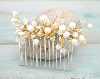 Wedding Gold Hair Vine Comb wedding hair piece pearl and Crystal hair comb Wedding hair jewelry Bridal hair comb Rhinestone headpiece Boho