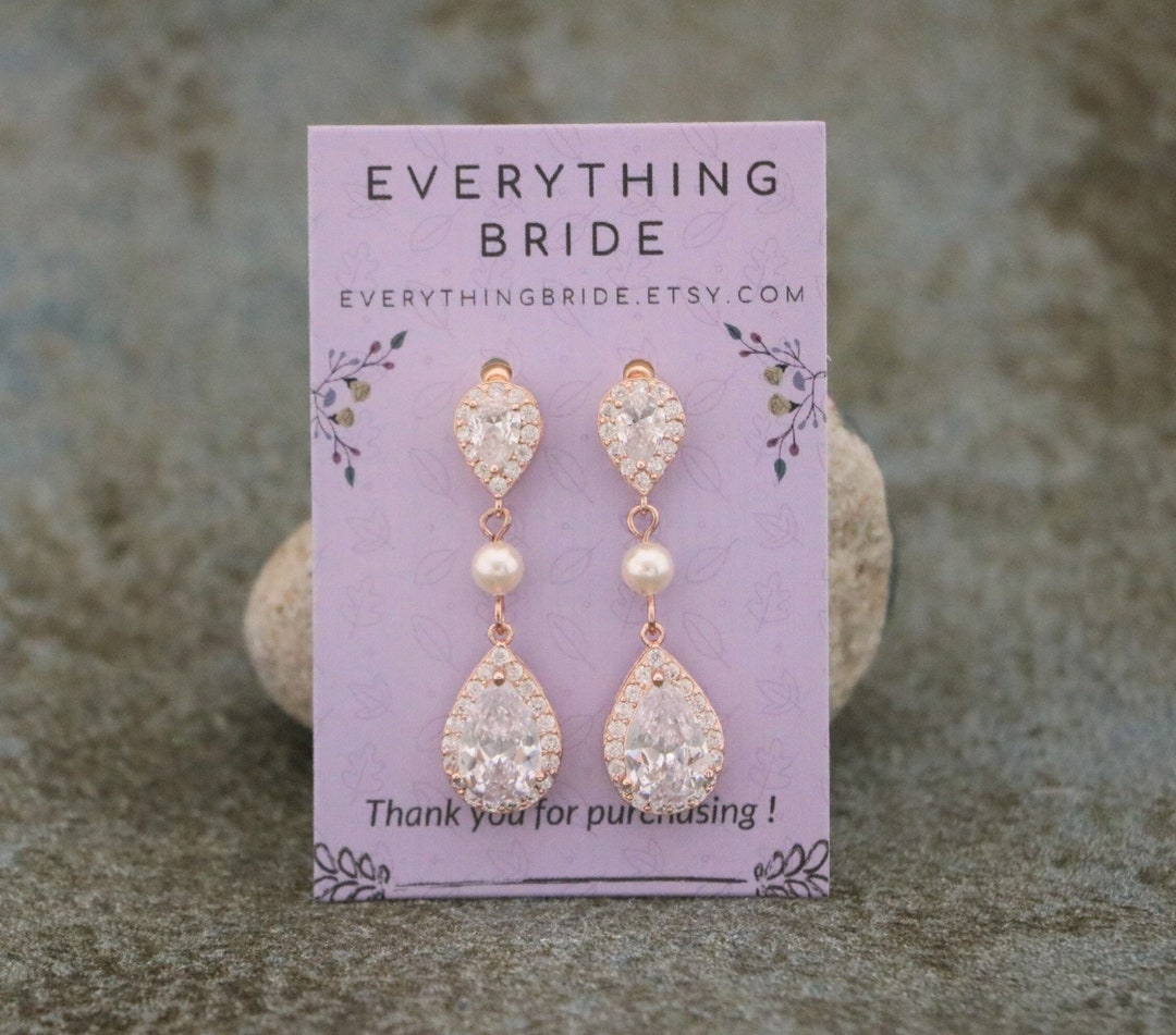 Teardrop Cubic Zirconia Rose Gold Bridal Earrings-Penelope – PoetryDesigns
