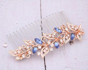 Bridal Hair Piece for Bun Rose gold bridal hair comb updo Sapphire Crystal hair comb Wedding hair accessories for bun Bridal comb Wedding