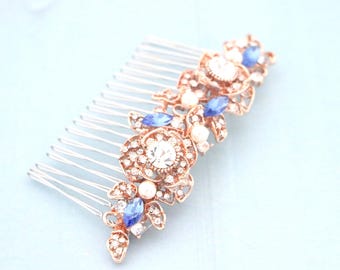 Rose gold Wedding hair comb Pearl Wedding headpiece Navy blue Wedding hair accessories for bun Bridal hair comb Wedding hair clip Blue comb