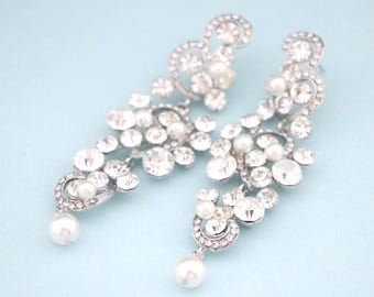 Pearl & Crystal Wedding Earrings: Silver Gold or Rose Gold Rhinestone earrings wedding chandelier earrings bridal earrings dangle Bridesmaid