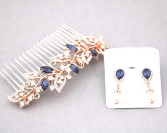 Rose gold Wedding hair comb Blue Bridal earrings Rhinestone Bridal headpiece Wedding hair clip Crystal hair comb Pearl drop Wedding earrings
