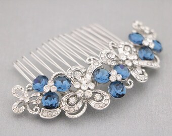 crystal bridal hair comb bridal veil comb emerald hair clip blue bridal comb Navy blue Wedding hair comb Blue hair jewelry Wedding headpiece