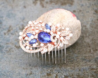 Sapphire Crystal Bridal Hair Comb Pearl Wedding hair clip Bridal hair accessories Wedding headpiece Bridal Blue comb Rose gold Wedding comb