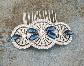 Wedding hair comb blue Side Comb Bridal veil comb Silver bridal hair comb Navy blue hair comb Wedding hair piece Bridal hair accessories in