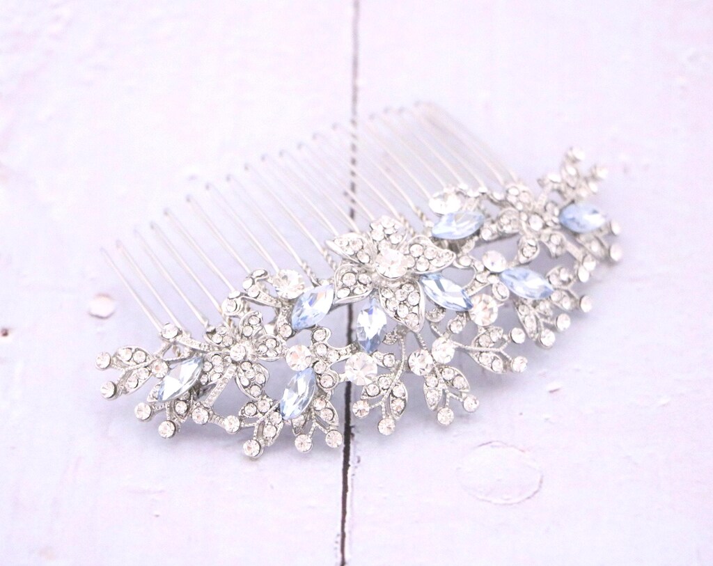 Pettine Per Capelli Da Sposa Blu E Argento – Cristallo Zaffiro E Strass, Accessorio Elegante
