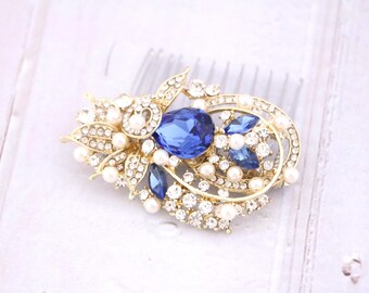 Sapphire Crystal hair comb Side Wedding headpiece Bridal hair accessories for bun Bridal hair comb Rhinestone Wedding hair comb Navy blue