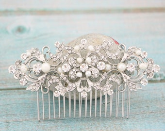 bridal comb hairpiece bohemian wedding hair comb silver pearl wedding hair accessories Bridal hair comb Rhinestone Wedding comb Boho hairpin