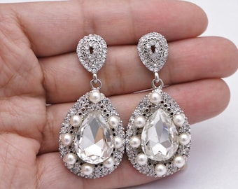 wedding earrings diamond and pearl bridal earrings Crystal Wedding Earrings Swarovski Bridal Jewelry Drop Earrings Long Chandelier Prom Boho