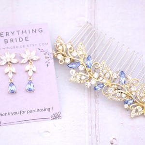 Gold Blue earrings with Navy blue hair comb Side bridal headpiece Wedding hair accessories for bun Bridal hair comb Wedding hairclip Jewelry