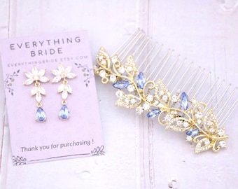 Gold Blue earrings with Navy blue hair comb Side bridal headpiece Wedding hair accessories for bun Bridal hair comb Wedding hairclip Jewelry