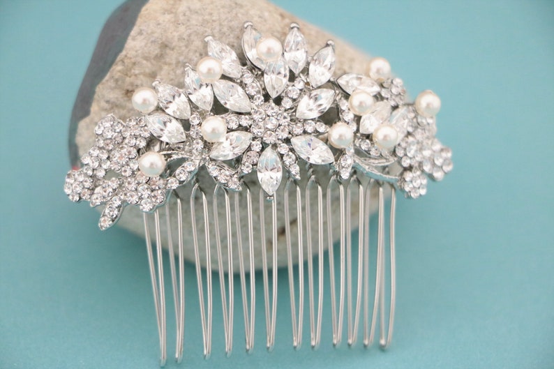 Bridal hair comb Side bridal headpiece Rhinestone hair piece Wedding hair comb Crystal hair comb Pearl drop Wedding earrings Wedding comb in image 7