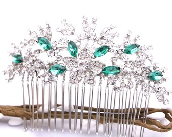 Gold Crystal Bridal Hair Comb, Emerald Green Wedding Hair Piece Silver Wedding hair clip Navy blue Bridal comb Sapphire Crystal hair comb