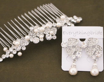 bridal hair comb updo Pearl Comb Hairpiece Pearl drop Wedding earrings Bridal hair accessories for bun Wedding hair comb side bridal comb in