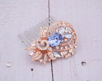 bridal hair comb updo Crystal and Gold Hair Accessories Navy blue Wedding hair comb Blue hair jewelry Wedding hair accessories Rosegold comb