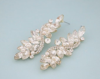 Bridal pearl earrings wedding earrings pearl silver Long Wedding earrings Bridal earrings pearl chandelier earrings Rhinestone earrings Boho