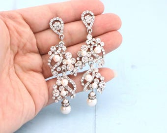 pearl wedding jewelry ivory pearl earrings Long Wedding earrings Gold Pearl drop Bridal earrings Silver Wedding Crystal earrings Rose gold