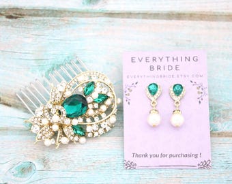 Pearl Drop Wedding Jewelry Set: Rhinestone Comb & Earrings Emerald Crystal hair comb Bridal hair clip Navy blue earrings Wedding comb Bridal