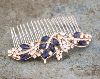 Rose gold Wedding hair comb Navy blue Wedding comb Side bridal headpiece Wedding hair accessories for bun Gold Bridal haircomb Sapphire comb