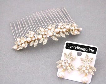 Gold veil comb Wedding hair accessories Bridal hair piece Wedding earrings Bridal Headpiece Bridal hair clip Pearl drop Bridal earrings Side