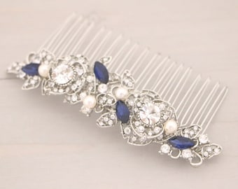 Silver Bridal hair accessories blue hair jewelry Wedding hair comb Pearl and Crystal side comb Wedding comb Navy blue Bridal hair comb Piece