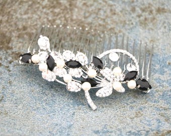 Silver Blue Crystal Bridal Hair Comb, Sapphire Wedding Headpiece Accessory Black Rhinestone hair comb Wedding hair clip Bridal hair piece