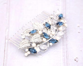 Montana Crystal hair comb Silver Wedding hair comb Navy blue Wedding hair jewelry Bridal hair accessories for bun Blue hair accessories Boho