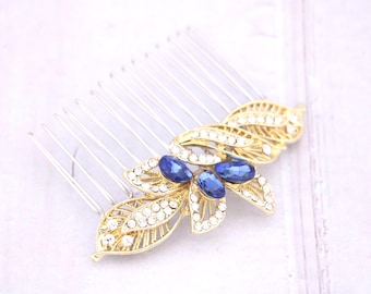 Sapphire Crystal Bridal Hair Comb Rhinestone Wedding Hair Piece Gold veil comb Navy blue Wedding hair clip Bridal hair accessories Rose gold
