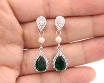 Green CZ Pearl Bridal Earrings, Long Wedding Dangle Earrings Pearl earrings Navy blue earrings Crystal earrings Bridesmaid earrings Silver