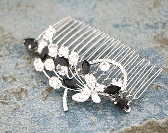 Silver Bridal Hair Comb: Black Crystal hair comb Wedding hair clip Bridal hair accessories Navy blue Wedding hair comb Blue hair jewelry