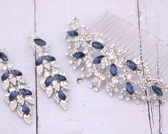 Long Wedding earrings Blue Navy blue Bridal earrings and Bridal hair comb chandelier earrings Bridesmaid earrings Wedding hair comb Crystal