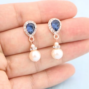 Navy blue Wedding earrings Gold Pearl drop Bridal earrings Crystal earrings Bridesmaid earrings Rose gold Rhinestone earrings Blue earrings