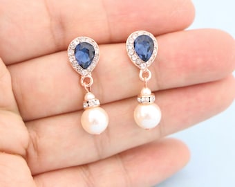Navy blue Wedding earrings Gold Pearl drop Bridal earrings Crystal earrings Bridesmaid earrings Rose gold Rhinestone earrings Blue earrings