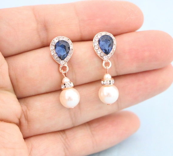 Navy blau Hochzeit Ohrringe Gold Perle Tropfen Brautohrringe Kristall Ohrringe Brautjungfer Ohrringe Rose gold Strass Ohrringe Blaue Ohrringe Etsy