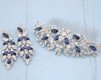 Wedding Hair Accessories for Bun Navy blue Wedding earrings Bridal hair comb Side bridal headpiece Bridal earrings Wedding hair jewelry Gold